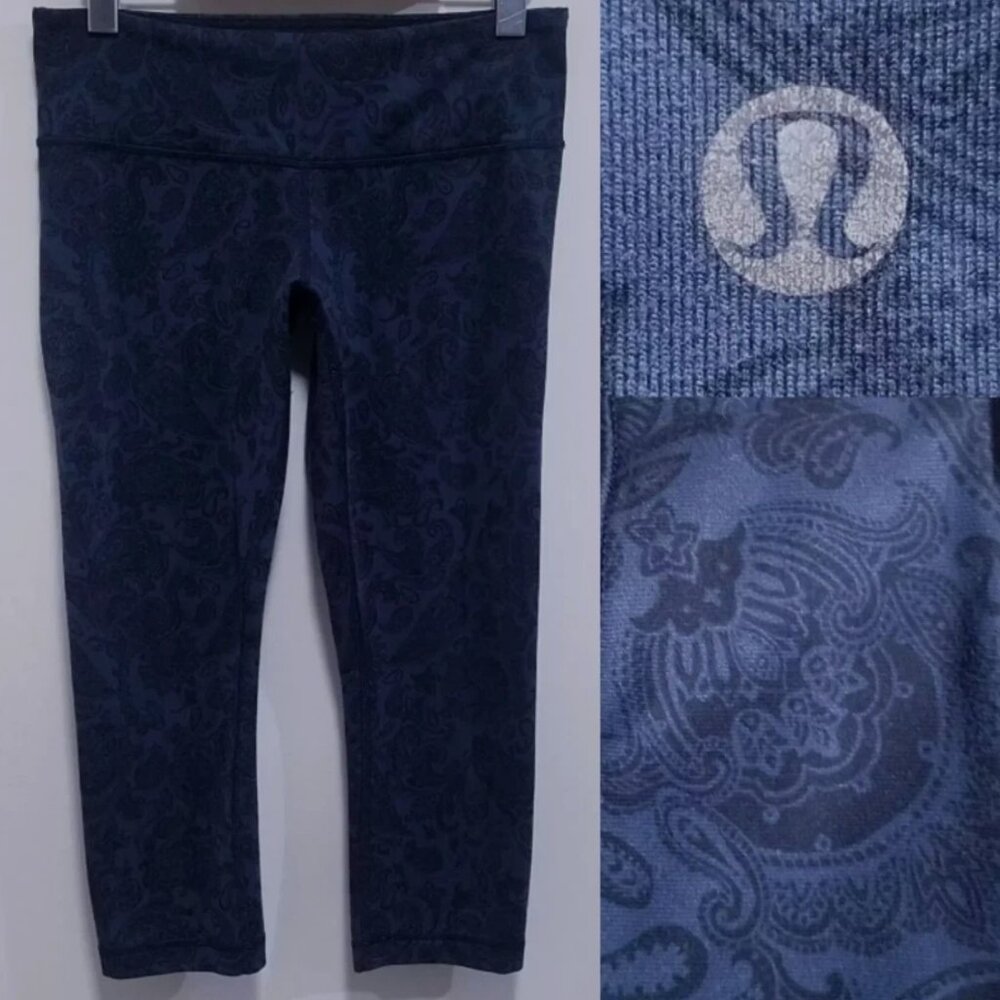 Lululemon Speed Up Wunder Under Leggings 6 Small Woman's Paisley Crop Black Blue